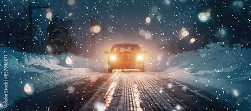 A car is seen traveling on a snowy road at nighttime under dim lighting photo