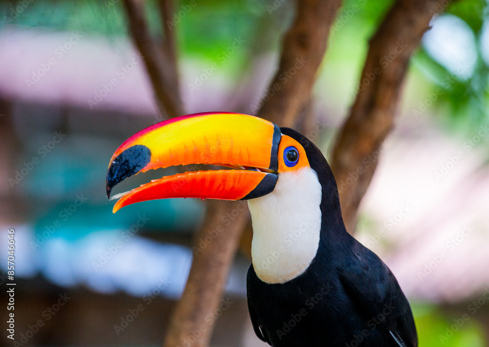 Fototapeta premium Portrait of Toco toucan (Ramphastos toco) with a big colored beak. Close-up. Brazil. Pantanal. 