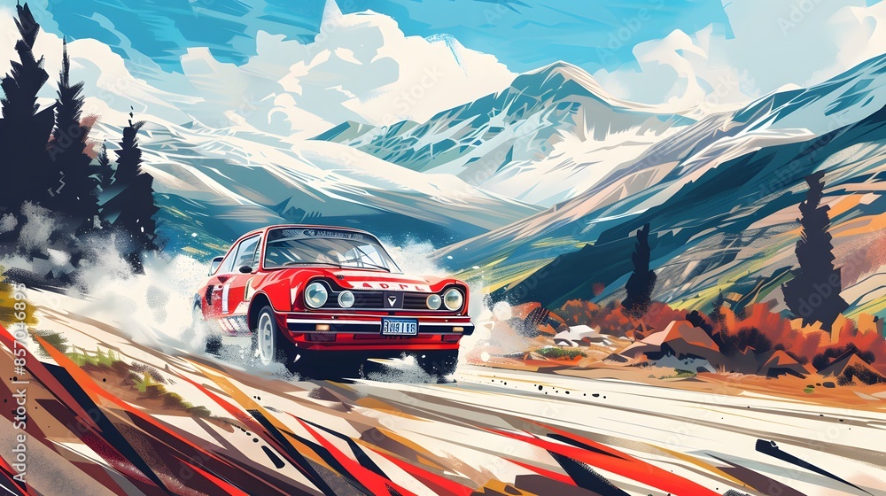 Naklejka premium Rally racing car on dirt track, in the mountains, extreme sport activities theme, created with generative ai