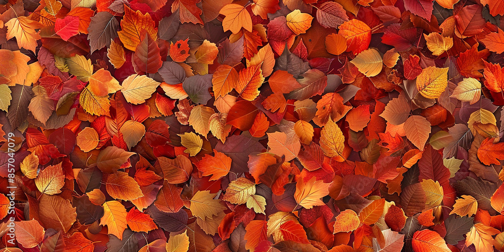 An autumn leaf background features a vibrant display of foliage in shades of red, orange, yellow, and brown