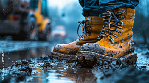 Close-up of muddy yellow work boots in a wet, rainy construction site, emphasizing ruggedness and outdoor labor conditions.