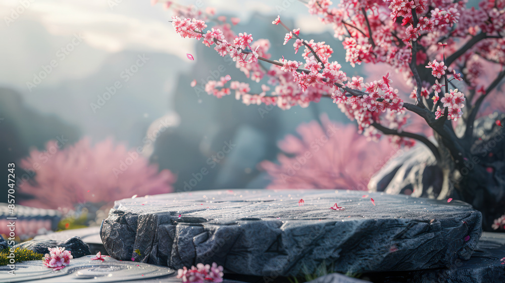 Obraz premium Empty Rock Podium with Sakura branches of blossoming against nature background. Made of natural scene for advertising, banners, website, social media or product cosmetic and food presentation