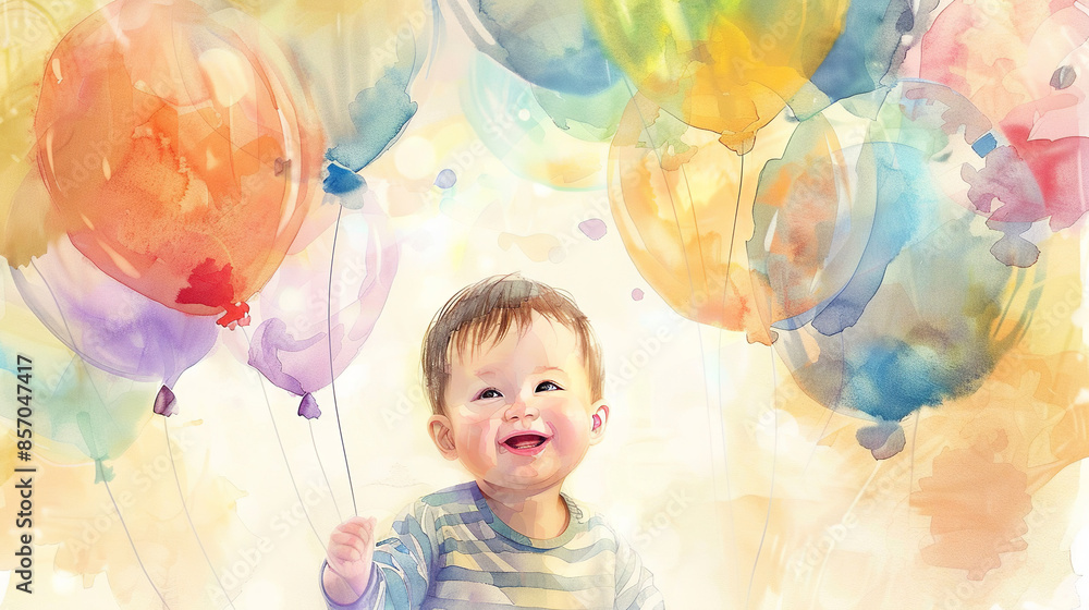 In a charming watercolor illustration, a cute baby boy celebrates his birthday surrounded by colorful balloons In a charming watercolor illustration, a cute baby boy celebrates his birthday surrounded by colorful balloons