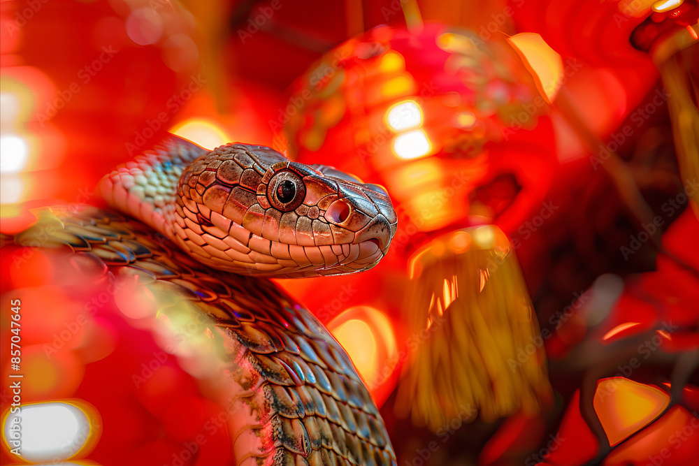 Chinese new year 2025. A snake with a traditional red Oriental lantern Chinese new year 2025. A snake with a traditional red Oriental lantern