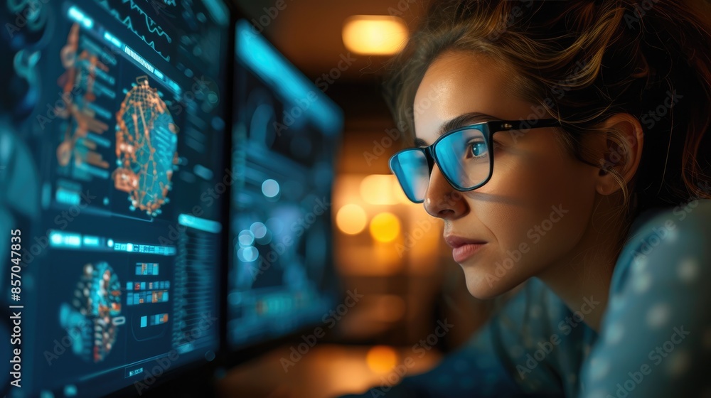 Focused Businesswoman Analyzing Documents on Computer Screen Focused Businesswoman Analyzing Documents on Computer Screen