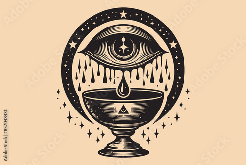 Tears from the eye drip into the bronze goblet. soteric, occult, magical vector illustration. vintage black engraving, emblem, logo. tattoo sketch,