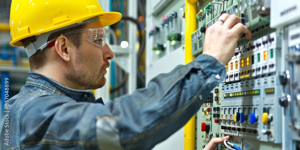 Electrical Engineer Inspecting Control Cabinet Electrical Engineer Inspecting Control Cabinet