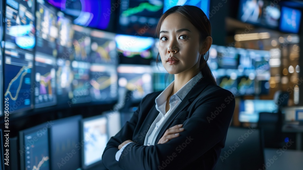 Fototapeta premium A composed woman in business attire expertly manages a crisis in a high-tech control room.