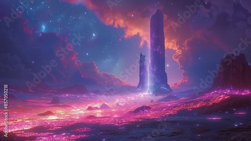 A towering spire of iridescent rock rises from a vibrant sea of bioluminescent algae, casting shifting hues across the landscape. Illustration, Minimalism, photo