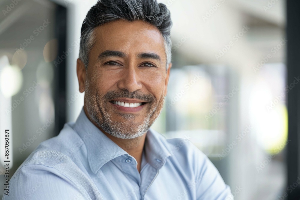 Headshot close up portrait of indian or latin confident mature good looking middle age leader, ceo male businessman on blur office background. Handsome hispanic senior business man smiling at camera. Headshot close up portrait of indian or latin confident mature good looking middle age leader, ceo male businessman on blur office background. Handsome hispanic senior business man smiling at camera.