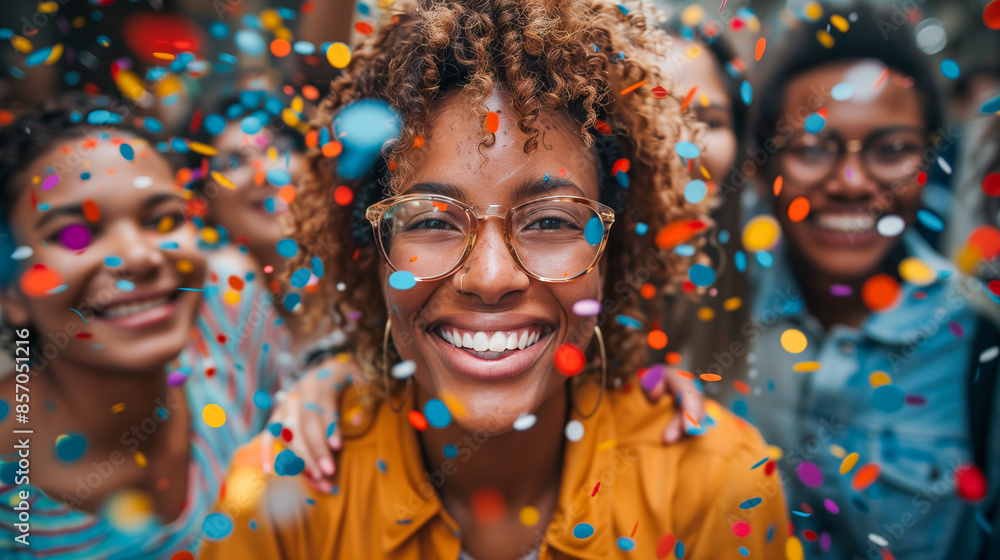 A young woman with glasses smiles brightly as confetti falls around her and her friends, capturing the essence of a joyous celebration A young woman with glasses smiles brightly as confetti falls around her and her friends, capturing the essence of a joyous celebration