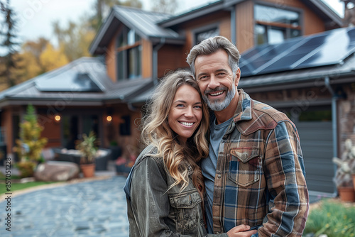 A couple stands close together, smiling warmly, in front of their beautiful modern home, which features solar panels on the roof © Pavel Lysenko