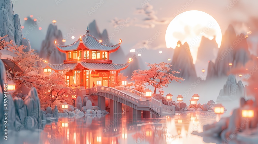 Fototapeta premium Mid autumn festival traditional building and moon poster background
