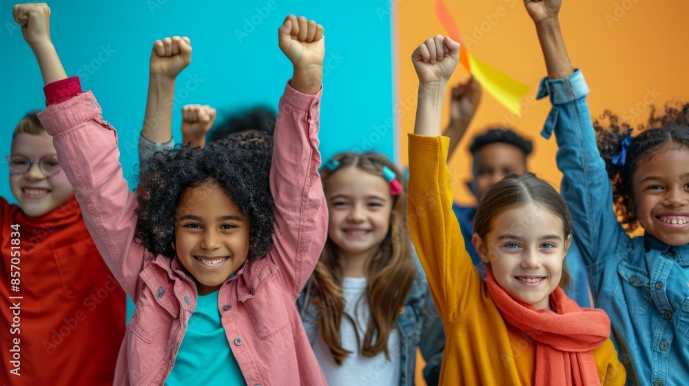A colorful photo of diverse children as activists, happy but with determination, with their fists in the air