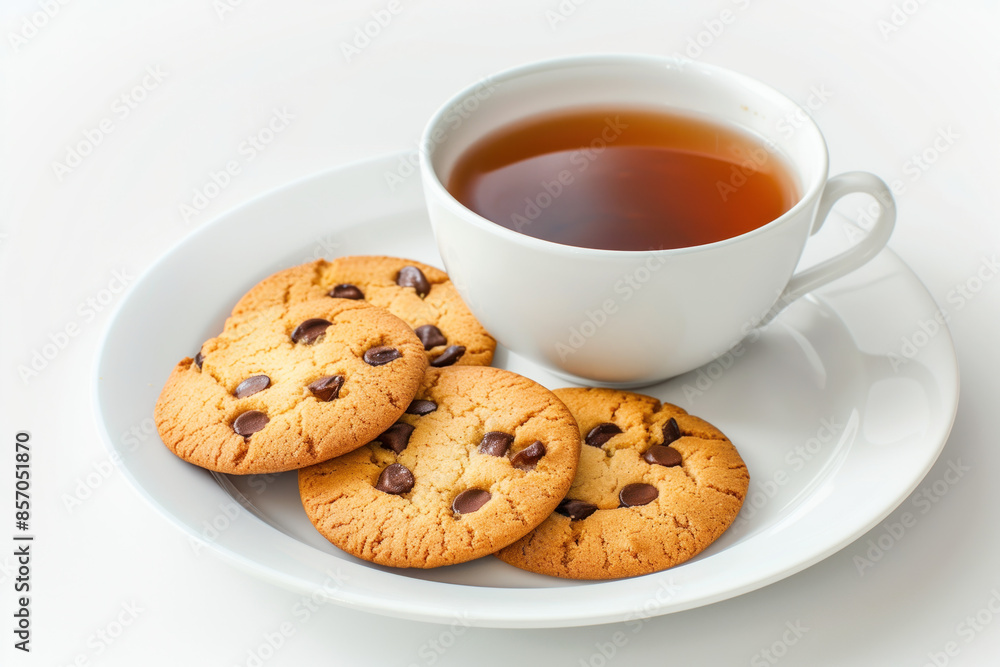 Cookies and a cup of tee on a plate isolated on a white background. Created with Generative AI technology. Cookies and a cup of tee on a plate isolated on a white background. Created with Generative AI technology.