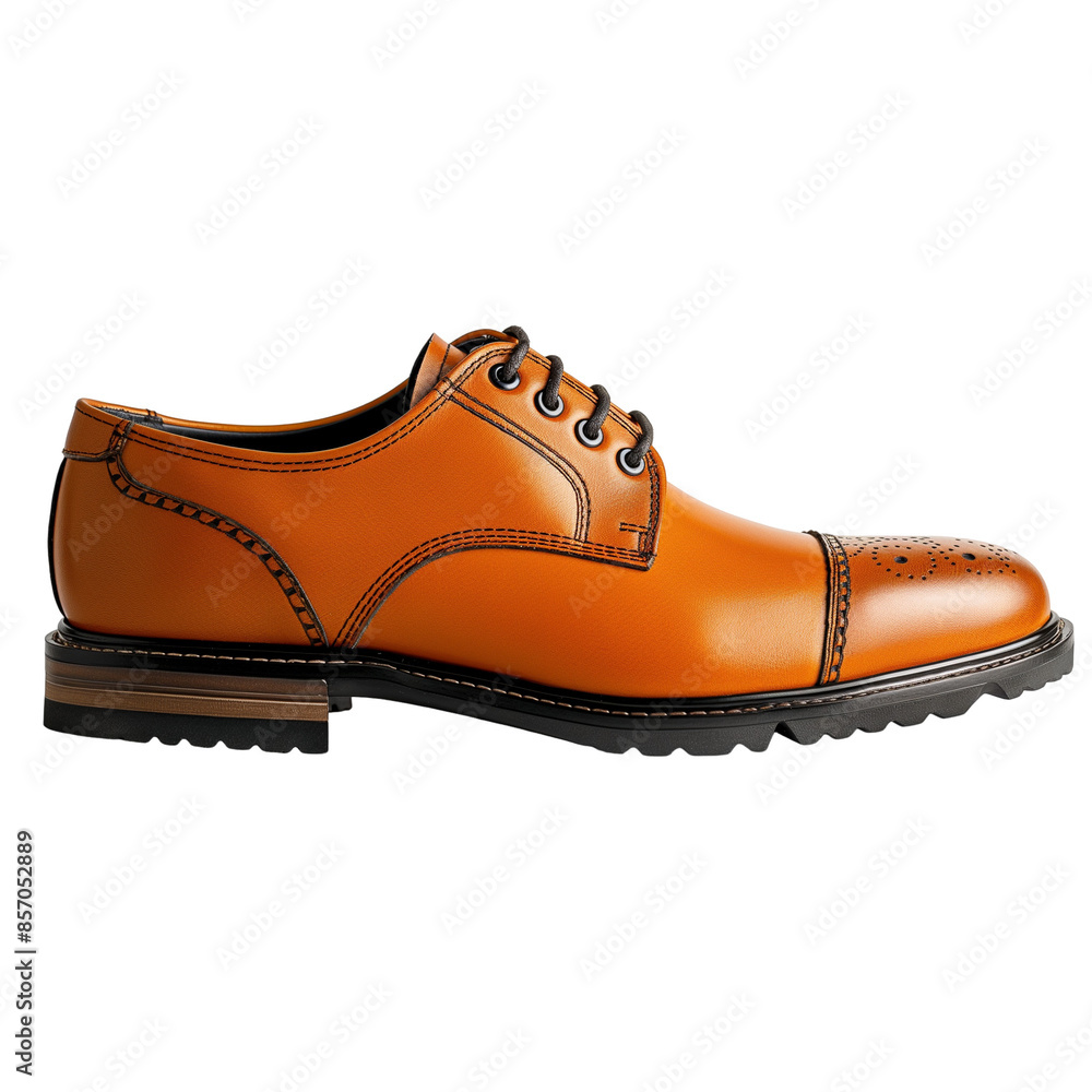 Side view of a single new cognac leather derby shoe isolated on a white transparent background Side view of a single new cognac leather derby shoe isolated on a white transparent background