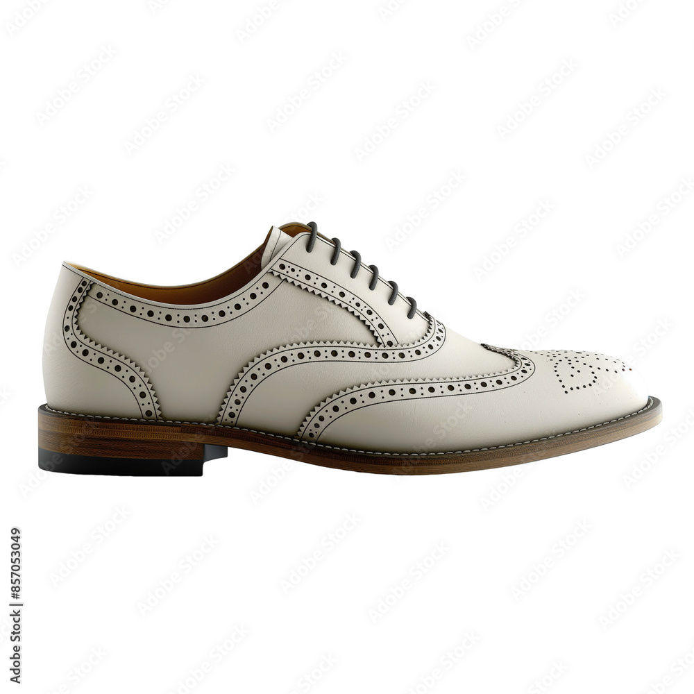 Side view of a single new light gray leather wingtip shoe isolated on a white transparent background Side view of a single new light gray leather wingtip shoe isolated on a white transparent background