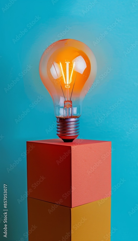 Radiant light bulb on platform with space for text, against solid color backdrop Radiant light bulb on platform with space for text, against solid color backdrop