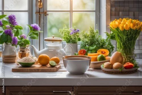Cozy Kitchen Interior with Fresh Flowers and Morning Breakfast © Anna