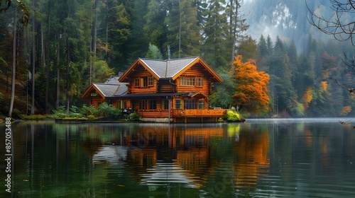 A beautiful house with wooden walls and roof, nestled in the middle of nature surrounded by trees on both sides, near an idyllic lake reflecting its image.