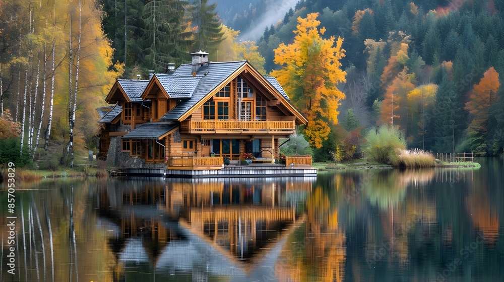 A beautiful house with wooden walls and roof, nestled in the middle of nature surrounded by trees on both sides, near an idyllic lake reflecting its image. A beautiful house with wooden walls and roof, nestled in the middle of nature surrounded by trees on both sides, near an idyllic lake reflecting its image.