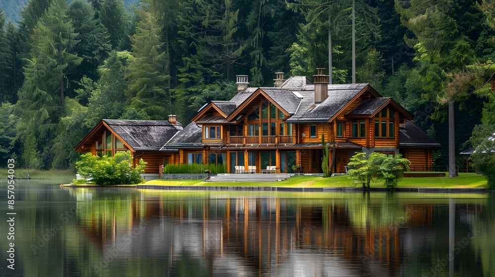 A beautiful house with wooden walls and roof, nestled in the middle of nature surrounded by trees on both sides, near an idyllic lake reflecting its image. A beautiful house with wooden walls and roof, nestled in the middle of nature surrounded by trees on both sides, near an idyllic lake reflecting its image.