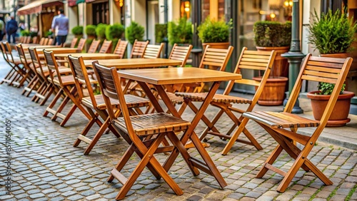 Wooden foldable chairs at a sidewalk cafe for casual outdoor dining, sidewalk cafe, wooden chairs, foldable, outdoor dining © wasana