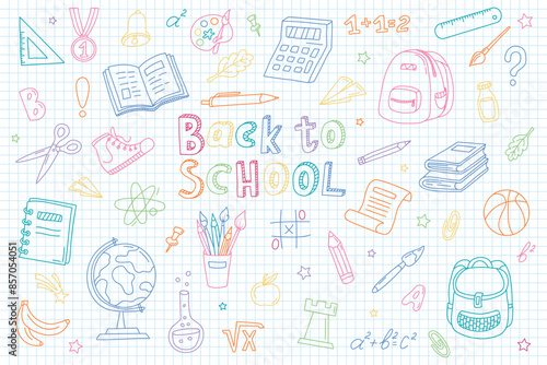 Hand drawn school supplies, stationery. Back to School concept. Free drawing of school subjects on checkered sheet of notebook. Sketch icon set, doodles. Good for wrapping paper, textile prints 