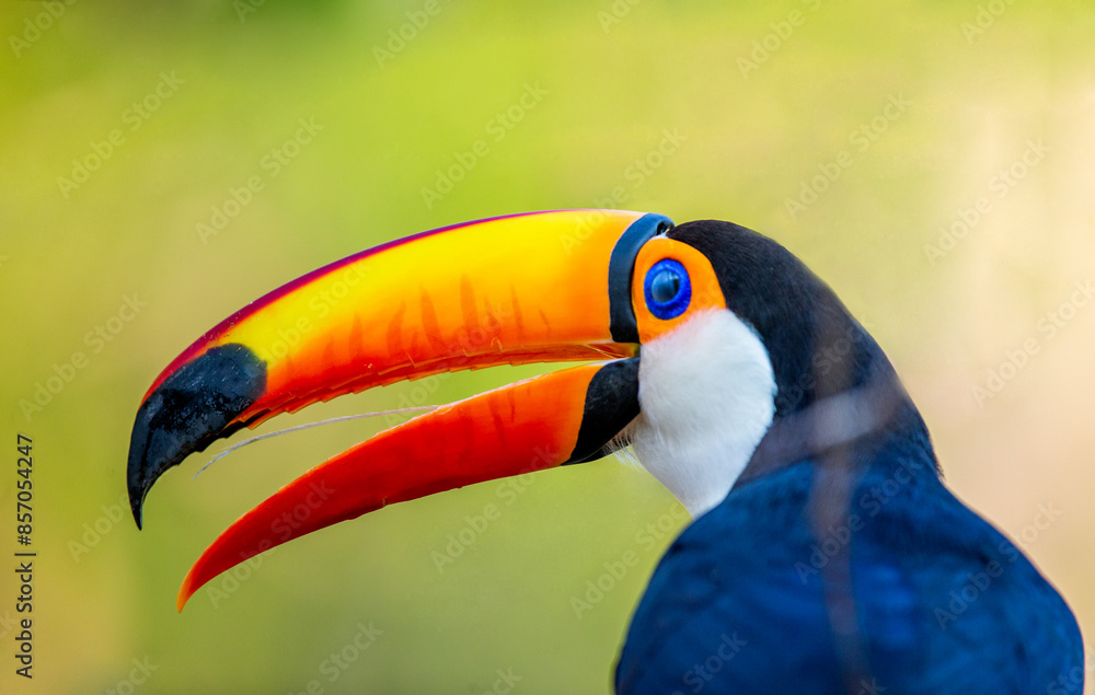 Portrait of Toco toucan (Ramphastos toco) with a big colored beak. Close-up. Brazil. Pantanal.
Portrait of Toco toucan (Ramphastos toco) with a big colored beak. Close-up. Brazil. Pantanal.