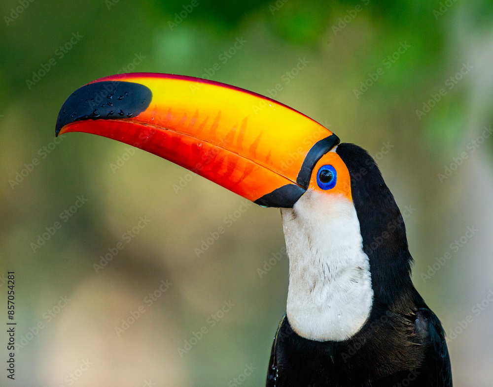 Portrait of Toco toucan (Ramphastos toco) with a big colored beak. Close-up. Brazil. Pantanal.
Portrait of Toco toucan (Ramphastos toco) with a big colored beak. Close-up. Brazil. Pantanal.