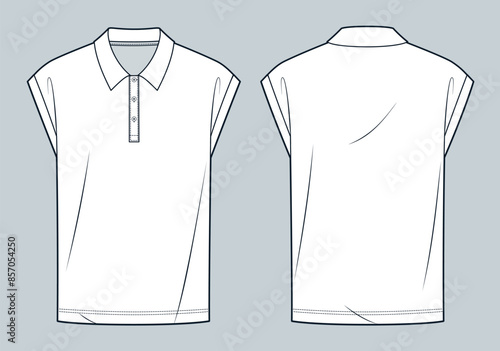 Polo Shirt technical fashion illustration. Sleeveless Shirt fashion flat technical drawing template, polo collar, buttons, relaxed fit, front and back view, white, women, men, unisex CAD mockup.