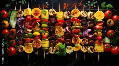 A satisfying pattern of grilled skewers and vegetables   © Awais