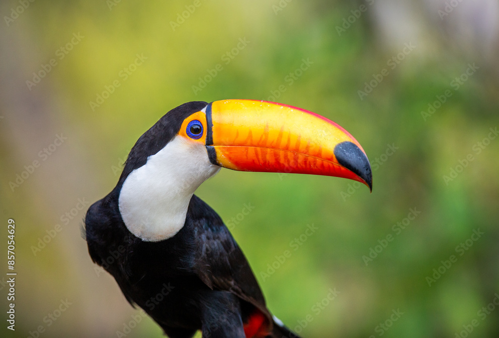 Fototapeta premium Portrait of Toco toucan (Ramphastos toco) with a big colored beak. Close-up. Brazil. Pantanal. 