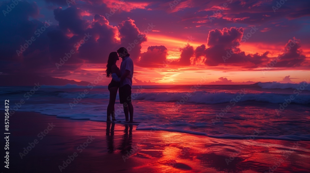 Fototapeta premium Photography of a couple standing barefoot on a sandy beach during sunset, romantic and serene scene.