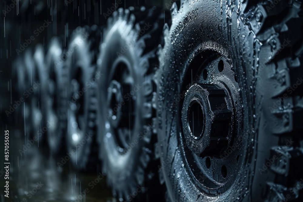 A series of heavy vehicle tires aligned in a row, glistening with rain drops and lit up by blue lighting A series of heavy vehicle tires aligned in a row, glistening with rain drops and lit up by blue lighting
