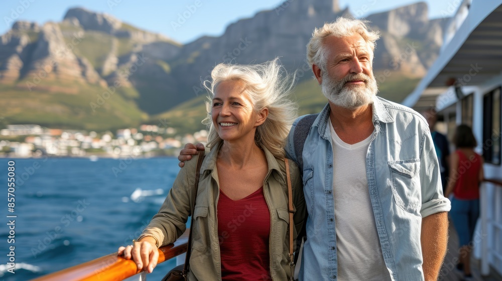 Elderly couple enjoying ocean views on cruise ship Elderly couple enjoying ocean views on cruise ship