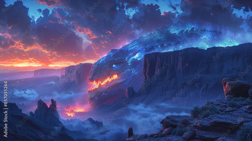 Naklejka premium A massive, bioluminescent creature slumbers at the bottom of a deep canyon, its rhythmic breathing echoing through the alien landscape. Illustration, Minimalism,