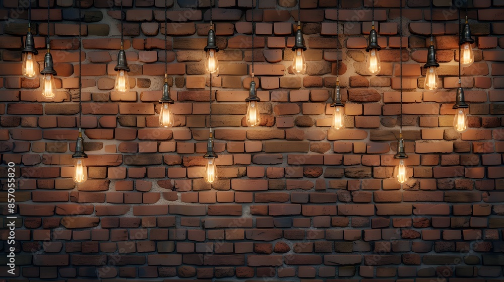 A brick wall with hanging light bulbs, creating an industrial and vintage atmosphere. A brick wall with hanging light bulbs, creating an industrial and vintage atmosphere.