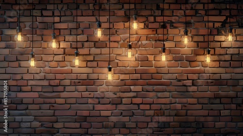 A brick wall with hanging light bulbs, creating an industrial and vintage atmosphere.