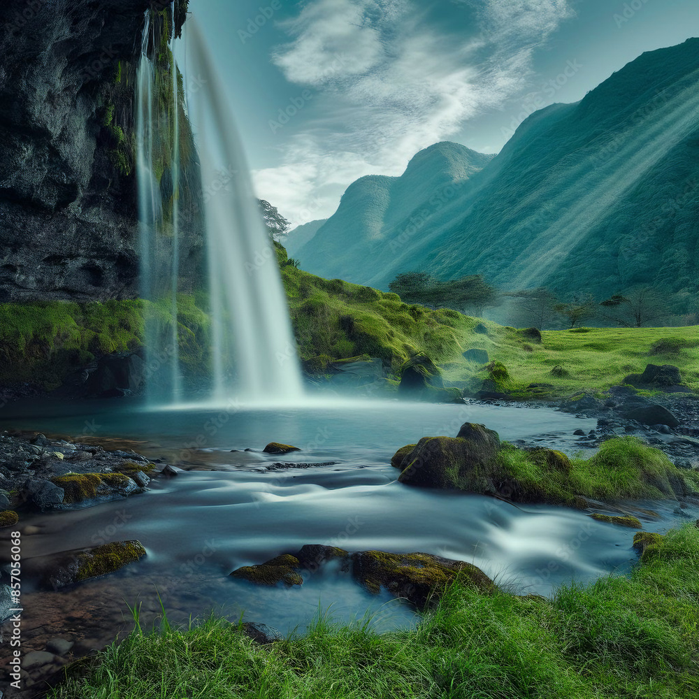 Fototapeta premium Green Oasis with Cascading Waterfall