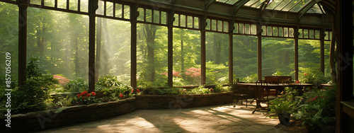 Tranquil sunlit morning in a beautiful gardern room photo