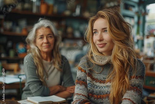 In a vintage setting, two generations of women are enjoying the comfort of cozy knitwear