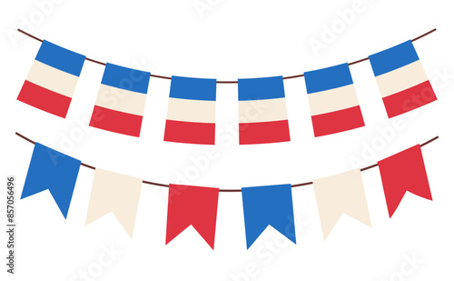 French flags bunting garland, pennant flags. Bastille day. Vector illustration. Flags of France isolated on white background