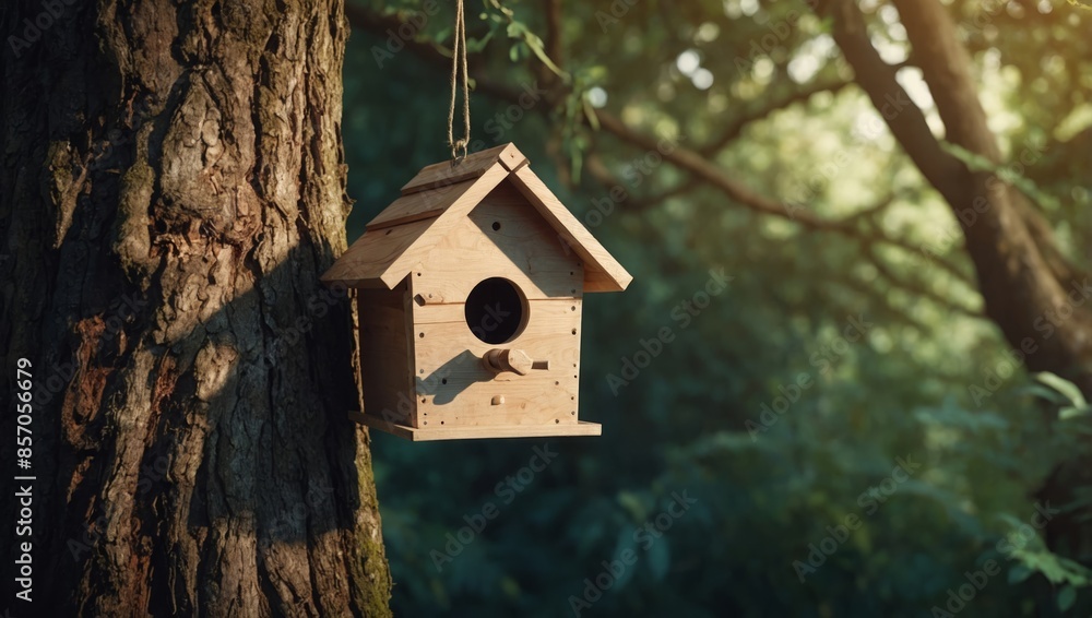 Handmade birdhouse hanging from a tree Handmade birdhouse hanging from a tree