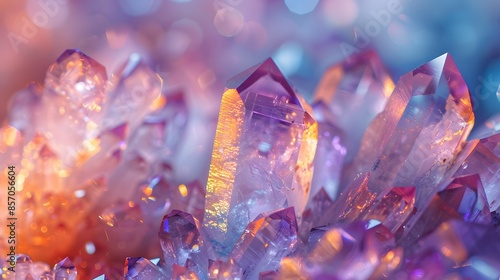 Crystals reflects light and creates a beautiful colored background. The scene is bathed in soft purple hues with hints of blue and orange, giving it an ethereal quality.