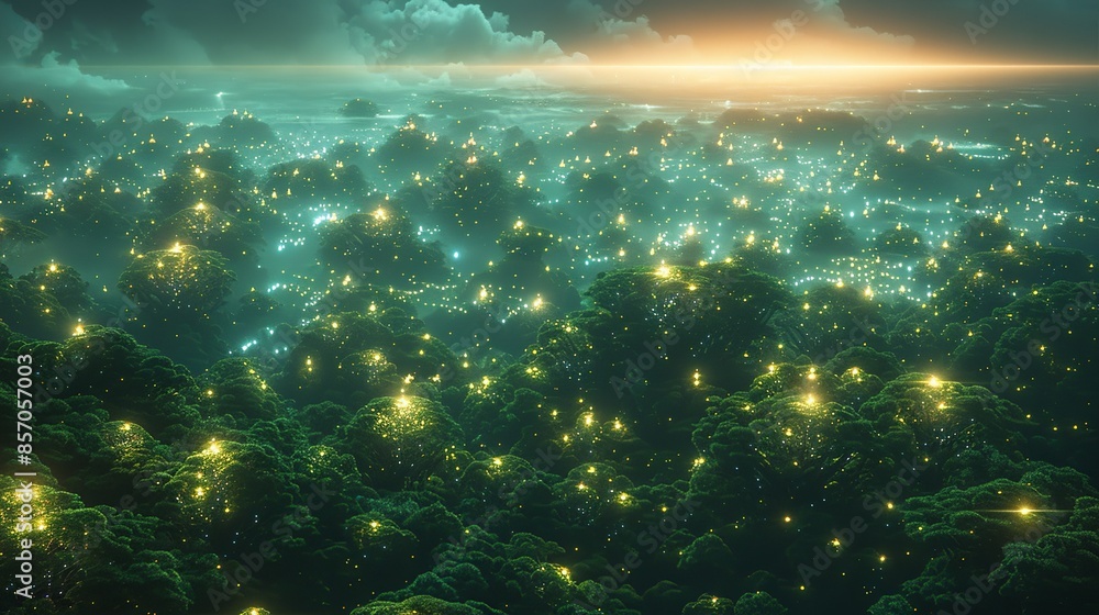 A dense forest of towering trees stretches as far as the eye can see, their bioluminescent leaves casting a soft glow over the alien landscape. Illustration, Minimalism, A dense forest of towering trees stretches as far as the eye can see, their bioluminescent leaves casting a soft glow over the alien landscape. Illustration, Minimalism,