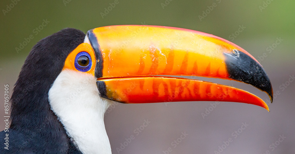 Portrait of Toco toucan (Ramphastos toco) with a big colored beak. Close-up. Brazil. Pantanal. Portrait of Toco toucan (Ramphastos toco) with a big colored beak. Close-up. Brazil. Pantanal.