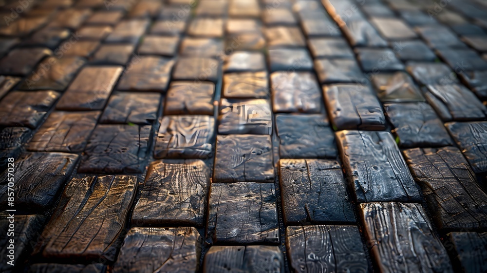 The wooden paver pattern on an old street, showcasing its unique texture and patterns. The image highlights the intricate details that make up each piece of wood in a bricklike arrangement.