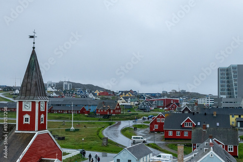 Nuuk Greenland city scape on a foggy rainy summer day