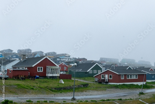 Nuuk Greenland city scape on a foggy rainy summer day